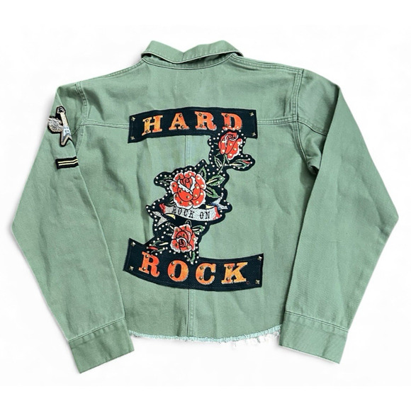 Hard Rock Ibiza Stones Denim Military Crop Jacket Graffiti Patches Womens Medium - Picture 2 of 14